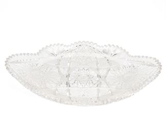 250
An American Brilliant Cut Glass Ice Cream Dish
Late 19th/early 20th Century
Signed: Libbey
The oval Brilliant cut glass ice cream dish with hobstar and fan motif and sawtooth scalloped edges
2.75" H x 17.5" W x 10.25" D
Estimate: $800 - $1,200