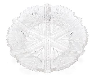 251
An American Brilliant Cut Glass Ice Cream Dish
Late 19th/early 20th Century
Signed: Libbey
The Brilliant cut glass circular ice cream dish with sawtooth scalloped edges and segmented thistle design
1.5" H x 11.75" Dia.
Estimate: $600 - $800