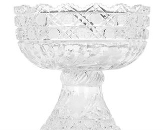 252
An American Brilliant Cut Glass Punch Bowl With Stand
Late 19th/early 20th Century
The Brilliant cut glass punch bowl and stand with fine crosshatching, diamond cuts, hobstars, cut floral motifs and sawtooth scalloped edges, 2 pieces
10" H x 10" Dia.
Estimate: $600 - $800