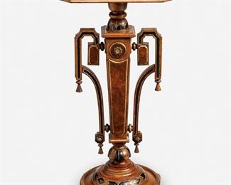 257
A Victorian Renaissance Revival Pedestal Table
Third-quarter 19th Century
The walnut pedestal table with octagonal top over a tapered straight column with gilt sunburst paterae and applied carved brackets raised on a circular base with four inscrolled feet, with ebonized wood and incised gilt details throughout
34.5" H x 19" W x 14.25" D
Estimate: $1,000 - $1,500