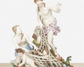 263
A Meissen "Capturing The Tritons" Figural Group
Late 19th/early 20th Century; Germany
Marked for Meissen [Blue Crossed Swords underglaze]; Further marked: C 35 / 57
Originally designed by Kandler, Punct, and Schonheit, the porcelain mythological figural group depicting an infant Triton caught in a fishnet being pulled by two nymphs and a putto on a rocky ground
12.5" H x 10" W x 7" D
Estimate: $800 - $1,200