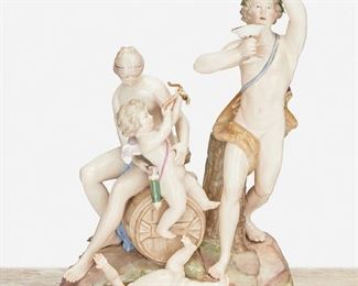 264
A Meissen "Bacchus" Figural Group
Late 19th/early 20th Century; Germany
Marked for Meissen [Blue Crossed Swords underglaze]; Further marked: B 19
Depicting Bacchus and Cupid with putti and female attendant sitting atop a wine cask
12.5" H x 9" W x 8" D
Estimate: $800 - $1,200