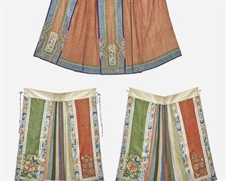 284
Two Chinese Embroidered Silk Apron Skirts
Late Qing Period (1644-1912)
One with stamped label
Each apron skirt with multicolored silk panels and accordion pleats, comprising one with floral applique and one with figural scene, 2 pieces
Larger: 39" L x 45" W; Smaller: 37" L x 44" W
Estimate: $800 - $1,200