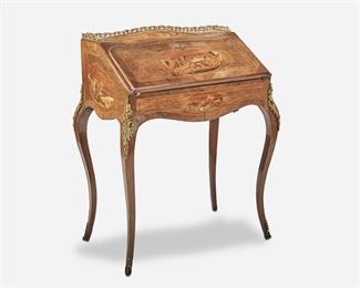 286
A French Drop Front Bureau De Dame
First-quarter 20th Century
The bombe-style bureau de dame with scenic marquetry cartouches and openwork gilt-bronze gallery rail over a locked drop front with inset leather writing surface and a fitted interior containing three drawers and a long pigeonhole atop a retractable compartment raised on gilt-bronze mounted cabriole legs with sabots
37" H x 30.25" W x 19.25" D
Estimate: $800 - $1,200