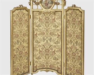 287
A French Gilded Three-Panel Embroidered Screen
Late 19th/early 20th Century
Centering a painted panel of a peasant with basket of flowers over a jacquard-lined three-panel screen adorned with carved giltwood swags and flowers
61.5" H x 60" W x 3.5" D
Estimate: $800 - $1,200