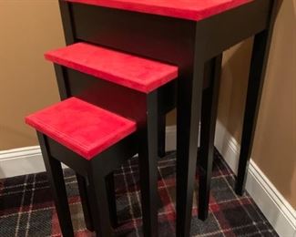 60. Set of Nesting Tables w/ Red Suede Top (17" x 17" x 30")
