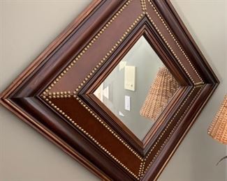 91. Beveled Mirror w/ Wood Frame & Nailhead Trim (37" x 37")