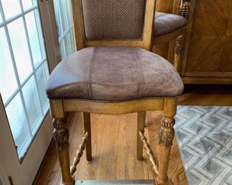 116. Set of 3 Carved Bar Chairs w/ Leather Seat (20" x 18" x 47") seat ht 30"