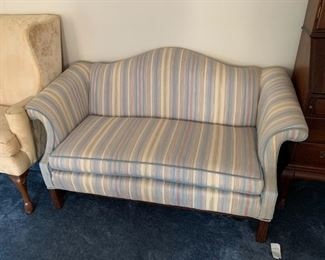 #7	Striped Fabric Camel Back Single Cushion Loveseat 5' Long	 $75.00 
