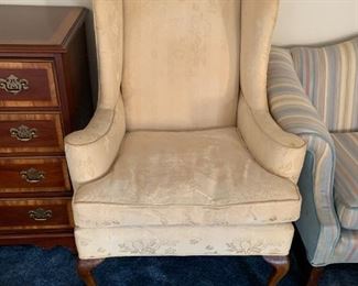 #8	Lee Industries Cream Colored Feathered Cushion Wingback Chair (as is stains)	 $75.00 
