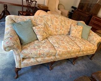 #102	Yellow Floral Camel  3 cushion 7' Sofa 	 $125.00 
