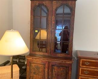 #109	Carved & Hand-Painted Asian Trouvailles Furniture w/2 doors & 2 Glass Doors w/3 glass Shelves 39x22.5x32-8' Tall w/pull-out shelves	 $800.00 
