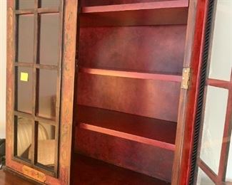 #109 Carved & Hand-Painted Asian Trouvailles Furniture w/2 doors & 2 Glass Doors w/3 glass Shelves 39x22.5x32-8' Tall w/pull-out shelves $800.00