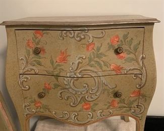 #123	(2) Baker Painted End Tables w/Orange Flowers /2 drawers   22x14.5x25  $100 each	 $200.00 
SOLD 1 AND STILL HAVE THE OTHER FOR $100