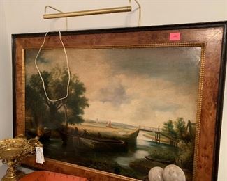 #192	Antique Oil Painting - Men with a boat 56x40" with light 	 $175.00 
