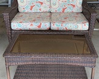 All Weather Wicker Double Chair and Coffee Table