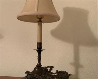 $110~ Antique replica book/ bronze lamp