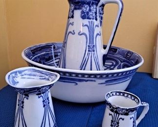 Royal Doulton "Aubrey" Art Nouveau Flow Blue Wash Set (c. 1903), includes Pitcher, Bowl, Mug, Toothbrush Holder.  Some damage to two pieces... but rare to find multiple pieces of this set! Lovely.