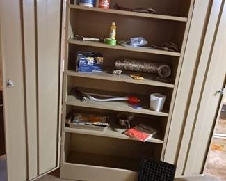 Metal Storage Cabinet with Shelving; assorted household supplies