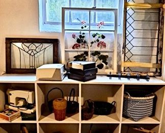 8-Square Shelving Cubby Unit; Custom Painted Window; Two Leaded Glass Windows; Vintage Slide Projector with Extra Carousels; Wall Coat Rack; Assorted Baskets; Kenmore Sewing Machine