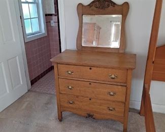 3 Drawer Antique Oak Dresser & Oak Mirror
