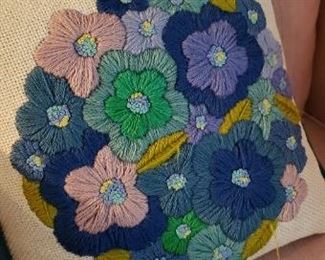 Item #22: $18.  Handmade yarn crewelled pillow. 