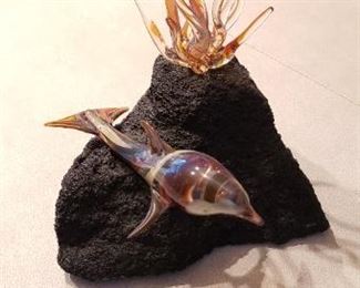 Item #8: $30. Artisan signed glass and rock sculpture. Dolphin and "grass" are removable.  Good condition. Approx. 6" x 7.5"