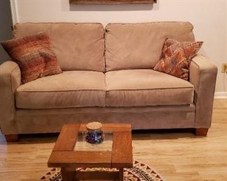 Item #38: $175. Micro suede love seat, clean. Sofa only, no pillows. 70 L" x 36 D"