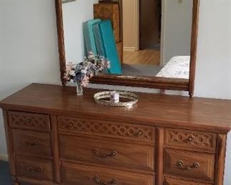 Item #51: $250. Vintage dresser with mirror, maker unknown. Matching nite stand and headboard available too. 64 L" x 32 H" x 19.75 D" mirror 43"x 38"