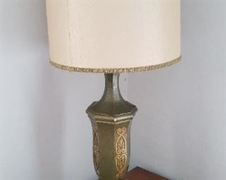 Item #59: $55. Vintage plaster lamp with coordinating shade. Some touch up required on paint. See next photos, 41" ht
