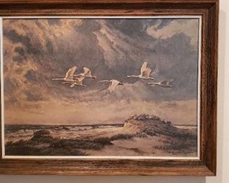 Item #82: $35.  Vintage print on board of geese. Wood frame. 35" x 26"