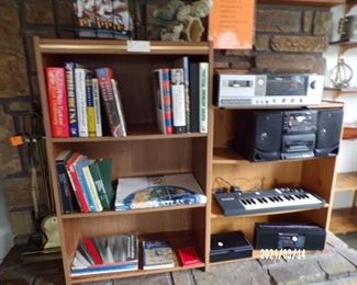 book cases, books, electronics