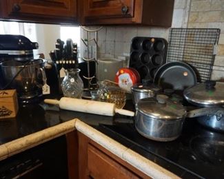 pots and pans, kitchen, Cobalt Blue Kitchen Aid Artisan mixer.
