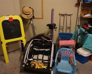 chalk board, child chairs, pull behind bike wagon, small ice chests