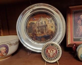 American and Texas History Collection: Lenox Liberty Bowl, Stain Glass back lite plate, Presidential seal and framed portraits. Civil War Baseball