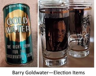 Barry Goldwater election glasses and canned water tin