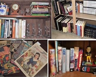 Books, old newspapers, old inlaid wood clocks and DVDs. Revolutionary and Civil War books