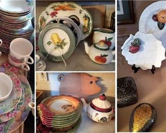 Dish sets, china sets, serving platters, entertaining items, Rooster plates, tea pot collection