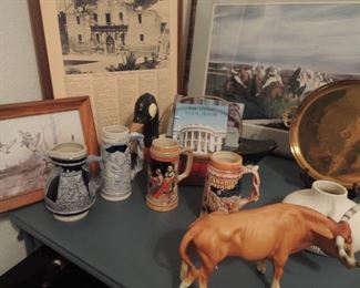 Breyer's Longhorn Cow, Beer Steins, Framed Alamo Info, Polo Game art and brass tray