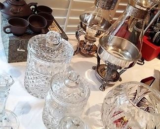 Crystal biscuit jars, Silver Plate coffee servers and Oriental tea set