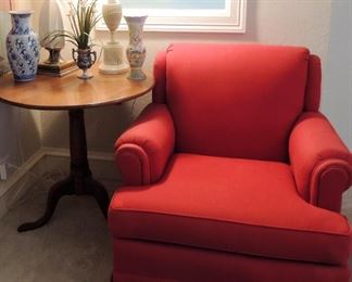 Comfy Red club chair, antique tip top table