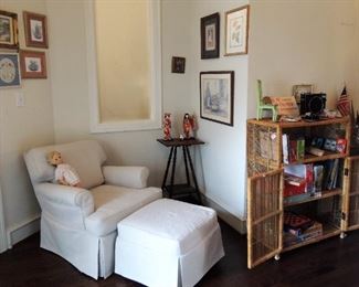 Linen chair and ottoman set, barley twist side table and retro wicker cabinet