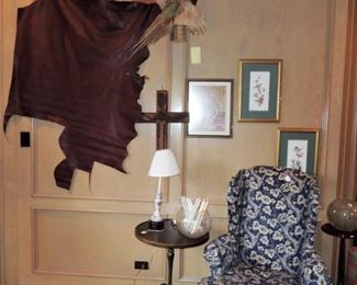 Cow Tanned Leather, Blue/white wing back chair. side tables