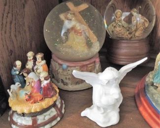 Angel figurine, Christmas Snow Globes and Nativity trinket box