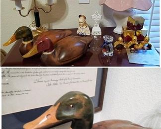 carved wood ducks, religious figurines, lamps