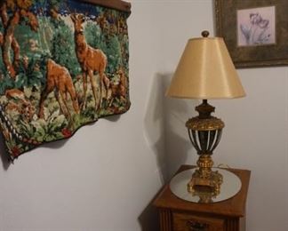 tapestry, lamp, side table