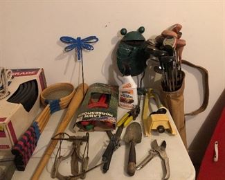Assorted golf clubs some with hickory shafts. Al Kaline baseball bat.