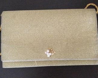 Gr 55 Authentic Mikimoto Silk Clutch Purse.  Five Pearls 14k Gold Clasp Ginza Tokyo:  $300.00
