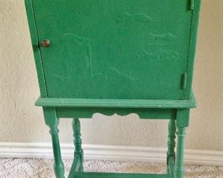 Antique Wood Arts $ Crafts Era Humidor End Table w/Stretcher and Cooper Lining.  (30"h x 16"w x  12"d):  $60.00