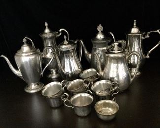 Vtg. Silver Plate Teapots and Stainless Cups.